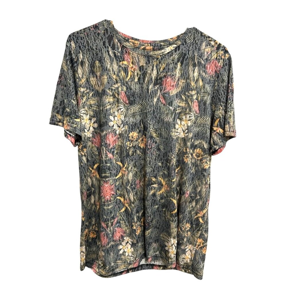 Fusione Floral Print Short-Sleeve Burnout Top Size Large